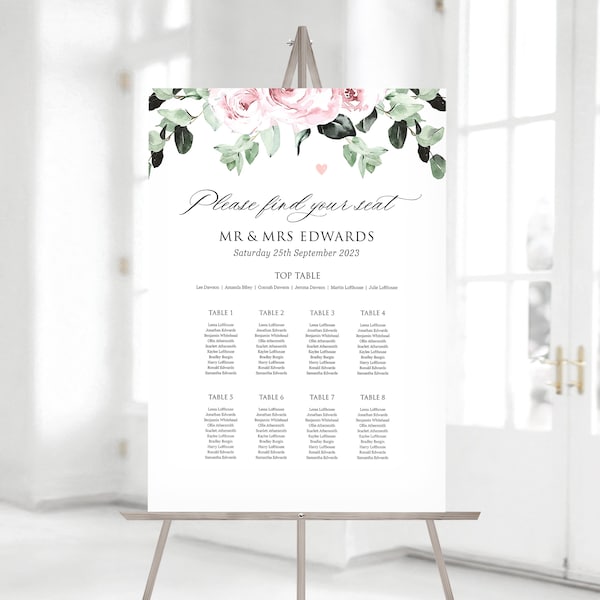 Dusky Pink Wedding Table Plan Board, Blush Pink Floral Wedding, Wedding Seating Plan, Ceremony Table Plan Sign - BB02