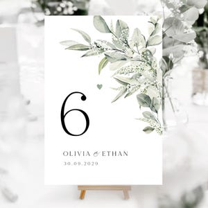 Gypsophila & Sage Table Numbers, Green Botanical Personalised Wedding Table Decor Cards - BB28