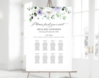 Lilac & Purple Floral Wedding Table Plan Board, Lavender Heather Floral Wedding, Wedding Seating Plan, Ceremony Table Plan Sign - BB23
