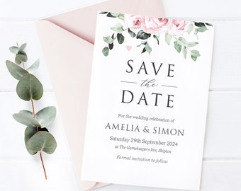 Save The Date, Dusky Pink Floral Wedding Save The Date Card, Wedding Invitation, Blush Pink, Baby Pink Wedding - BB02