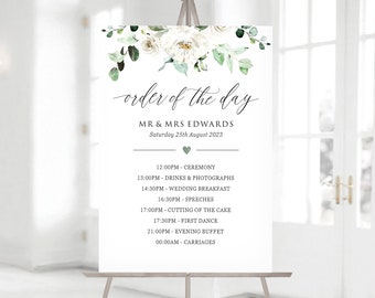 White Floral & Eucalyptus Order of the Day Wedding Sign, Order of Events Board, Green Wedding, White Floral with Foliage Wedding Sign - BB17