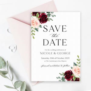Blush & Burgundy Save the Date, Floral Personalised Wedding Announcement Card with Envelopes - BB33