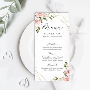 Blush & Gold Geometric Wedding Menu, Wedding Breakfast Menu, Personalised Table Menu, Floral Table Decor, Blush Floral Wedding Menu - BB11