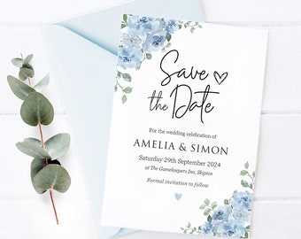 Dusky Blue Save The Date, Baby Blue Floral Wedding Save The Date Card, Wedding Invitation, Dusty Blue, Baby Blue Powder Blue - BB10