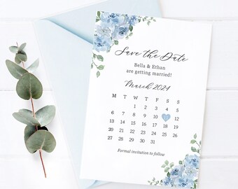 Dusky Blue Save The Date, Baby Blue Floral Wedding Save The Date Card, Wedding Invitation, Dusty Blue, Baby Blue Powder Blue - BB10