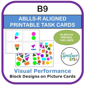Conceptions de blocs B9 alignés ABLLS-R sur les cartes de tâches des cartes illustrées, images à échantillonner, évaluation de l'autisme, cartes de tâches correspondantes, ressources sur l'autisme