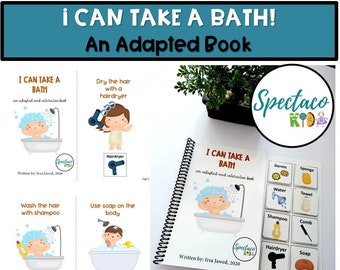 May include: A colourful book titled "I Can Take A Bath!" with illustrations of a child taking a bath. The book is an adapted and interactive book for children. The book includes a variety of activities, such as washing hair, using soap, and drying hair. The book is written by Irsa Jawed, 2020.