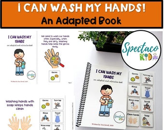 May include: A colourful, illustrated book titled "I Can Wash My Hands!" with a spiral binding. The book is an adapted and interactive book for children. The cover features a cartoon boy washing his hands with soap and a towel. The book is part of a series called "Spectaco Kids".