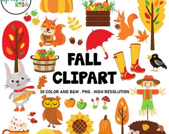 60 Fall Clipart, Autumn Clipart, Pumpkin clipart,  Leaves, Pumpkin Spice, Apples, Fox, scarecrow, fall, autumn, PNG- Instant Download
