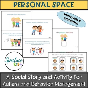 Puede incluir: Una historia social y una actividad imprimible para el autismo y la gestión del comportamiento. El recurso colorido presenta ilustraciones de niños y texto que explica la importancia del espacio personal. La actividad incluye recortes para ayudar a los niños a aprender sobre las distancias apropiadas.