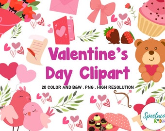 Valentine's Day Clipart, Love Hearts, Teddy Bear (PNG)