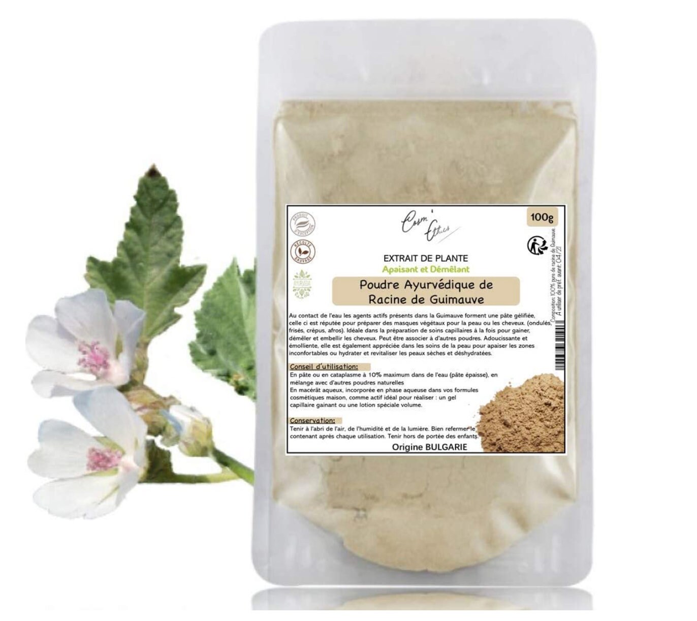 Poudre Ayurvédique de Guimauve 100G Cosm'ethics® 100% Naturelle, Excellente Qualité, Sachet Refermab