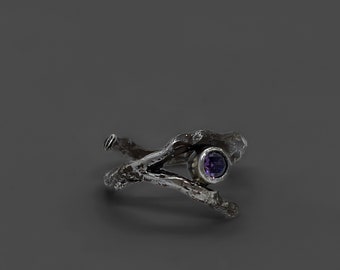 Twig Design Silver Ring with Zircon - Avant Garde Style Jewelry with Gemstone - Handmade Rustic Textured Ring with Purple Stone
