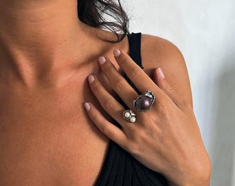 Large Pearl Ring: Oxidized Sterling Silver, Multi Pearl Jewelry