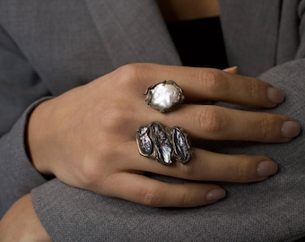 Double Finger Ring with Natural Pearls: Oxidized Sterling Silver, Open Band Ring