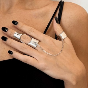 Double Finger Ring For Women - Sterling Silver Jewelry - Full Finger Ring With Chain - Custom Made For Your Hand Size