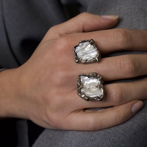 White Double Pearl Ring - 925 Oxidized Sterling Silver - Avant Garde Design Jewelry - One Of A Kind Open Ring