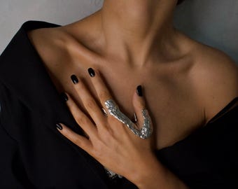 Two Finger Ring: Sterling Silver, Armor Jewelry, Custom Made for Your Hand Size