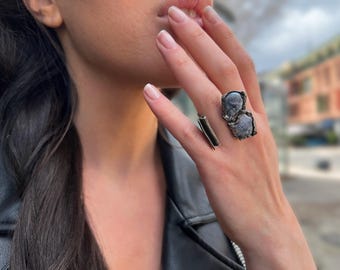 Double Pearl Open Ring - Oxidized Sterling Silver, Artisan Jewelry