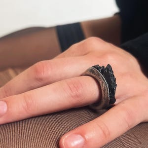 Oxidized Sterling Silver Black Tourmaline Ring - Raw Stone Jewelry