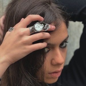 Natural Pearl Ring - Oxidized Sterling Silver Jewelry - Unique Avant Garde Ring - White Organic Pearl
