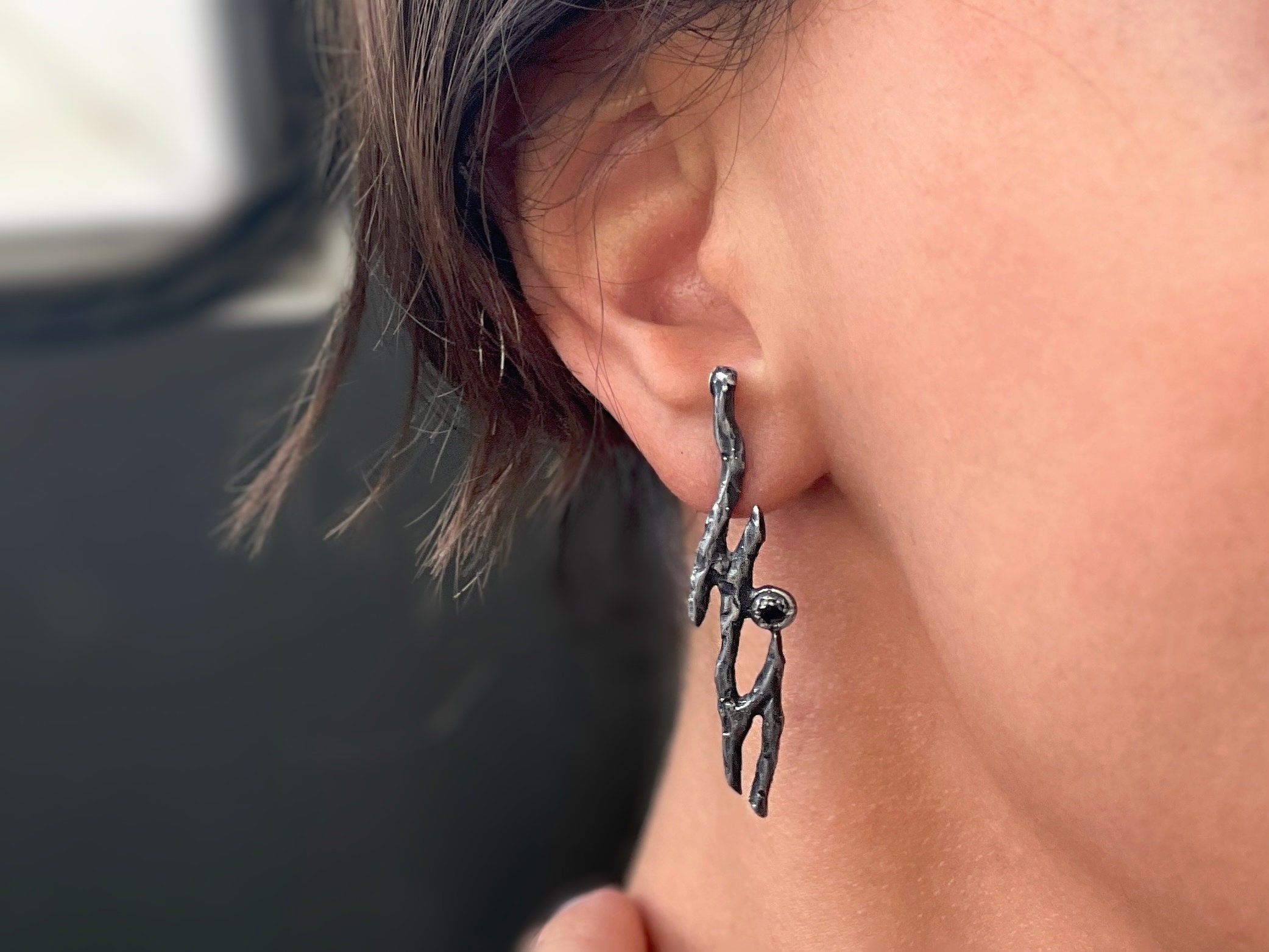 Drop Earring with Zircon Gem - Oxidized Sterling Silver - Twig Inspired Design - One Of A Kind