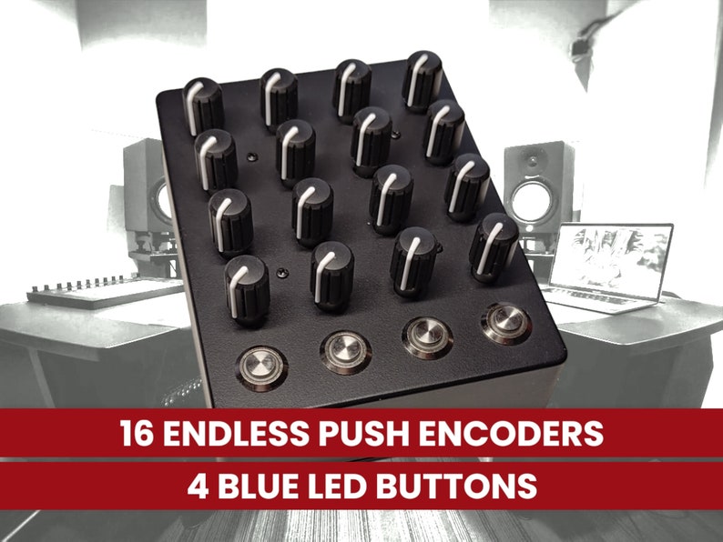 Midi Controller BB-ENC / 16 Push Encoders / 4 LED Mini Arcade Buttons / Din USB Midi Out / Midi Compliant / Fully Configurable image 2
