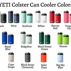 May include: A display of YETI Colster Can Coolers in various colors, including black, navy, seafoam, white, red, pink, blue, green, and more. Each cooler is shown in two sizes, with the color name displayed below each pair.