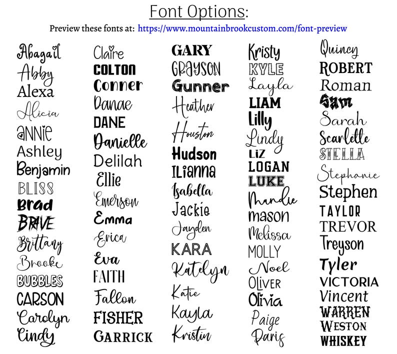 a collection of various names written in different fonts, likely representing a customizable font design. The names include common first names and last names, such as Abagail, Claire, and Kyle, as well as more unique and creative names like Grace, Kyle, and Benjamin. The font options are displayed in a grid format, allowing for easy comparison and customization of the font styles.