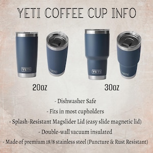 four YETI coffee cups, each with different sizes and features. The cups are arranged in a row, with the largest cup on the left and the smallest on the right.