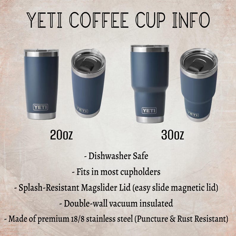 four YETI coffee cups, each with different sizes and features. The cups are arranged in a row, with the largest cup on the left and the smallest on the right.
