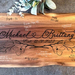 Walnut Live Edge Wedding Guest Book - Floral Heart-Linked Design - NEW SIZES AVAILABLE!