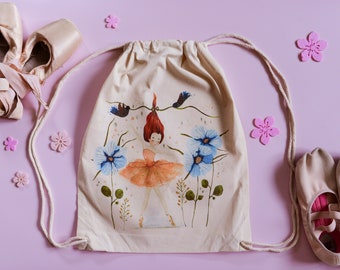 Ballerina bag. Gym & dance bag. Drawstring cotton backpack. Ballerina and blue flowers. Ballet gift.