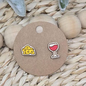 Cheese Studs, Foodie Gift, Cheese Wedge Earrings, Rustic Food Themed Studs, Gift for Cheese Lovers, Wine Glass Stud Earrings, Red Wine Lover