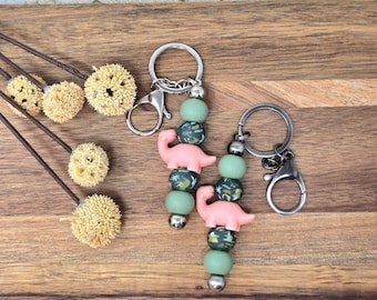 Pink Dinosaur Beaded Keychain, Brachiosaurus Keychain, Cute Dino Gift, Sage Green Beads, Handmade Bar Keychain for Kids or Dino Lovers