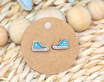High-Top Sneaker Stud Earrings, Mini Wooden Tennis Shoe Earrings, Cute Sneaker Jewelry, Handmade Shoe Lover Gift, Sporty Boho Studs