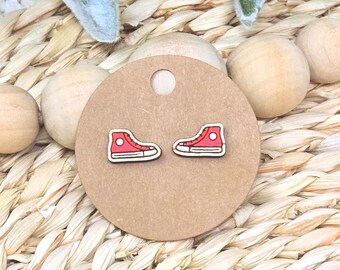 High-Top Sneaker Stud Earrings, Mini Wooden Tennis Shoe Earrings, Cute Sneaker Jewelry, Handmade Shoe Lover Gift, Sporty Boho Studs