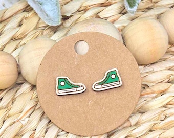 High-Top Sneaker Stud Earrings, Mini Wooden Tennis Shoe Earrings, Cute Sneaker Jewelry, Handmade Shoe Lover Gift, Sporty Boho Studs