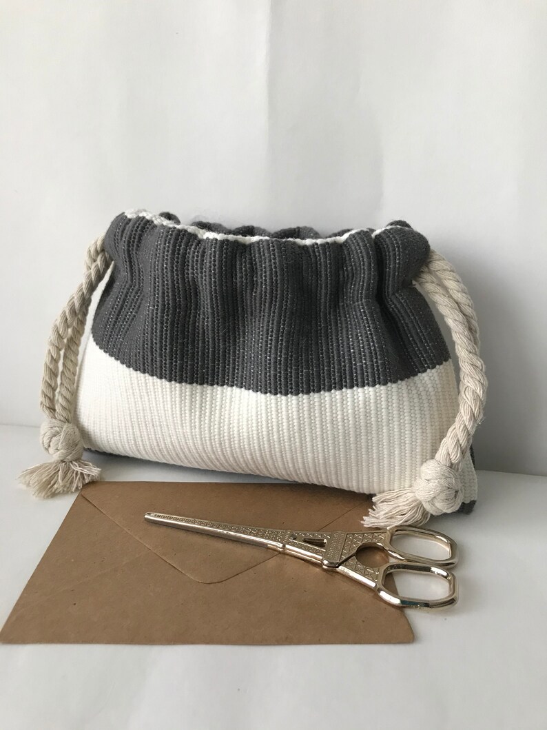 Small soft drawstring bag Olefin Stripe bag Accessories boho phone bag charger bag cute makeup pouch hippie gray white ring bag