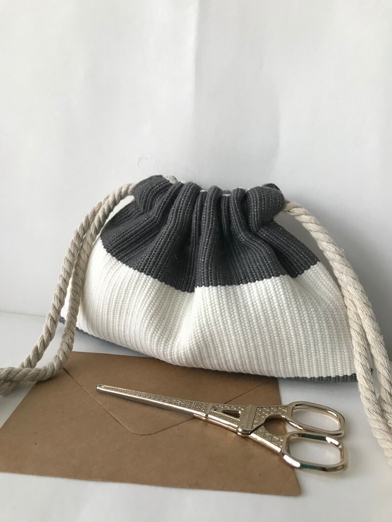 Small soft drawstring bag Olefin Stripe bag Accessories boho phone bag charger bag cute makeup pouch hippie gray white ring bag