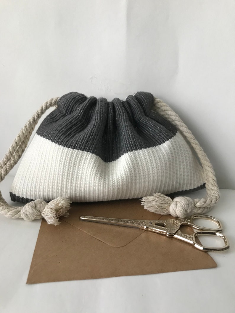 Small soft drawstring bag Olefin Stripe bag Accessories boho phone bag charger bag cute makeup pouch hippie gray white ring bag