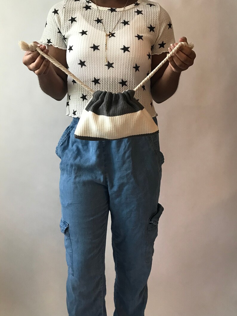 Small soft drawstring bag Olefin Stripe bag Accessories boho phone bag charger bag cute makeup pouch hippie gray white ring bag