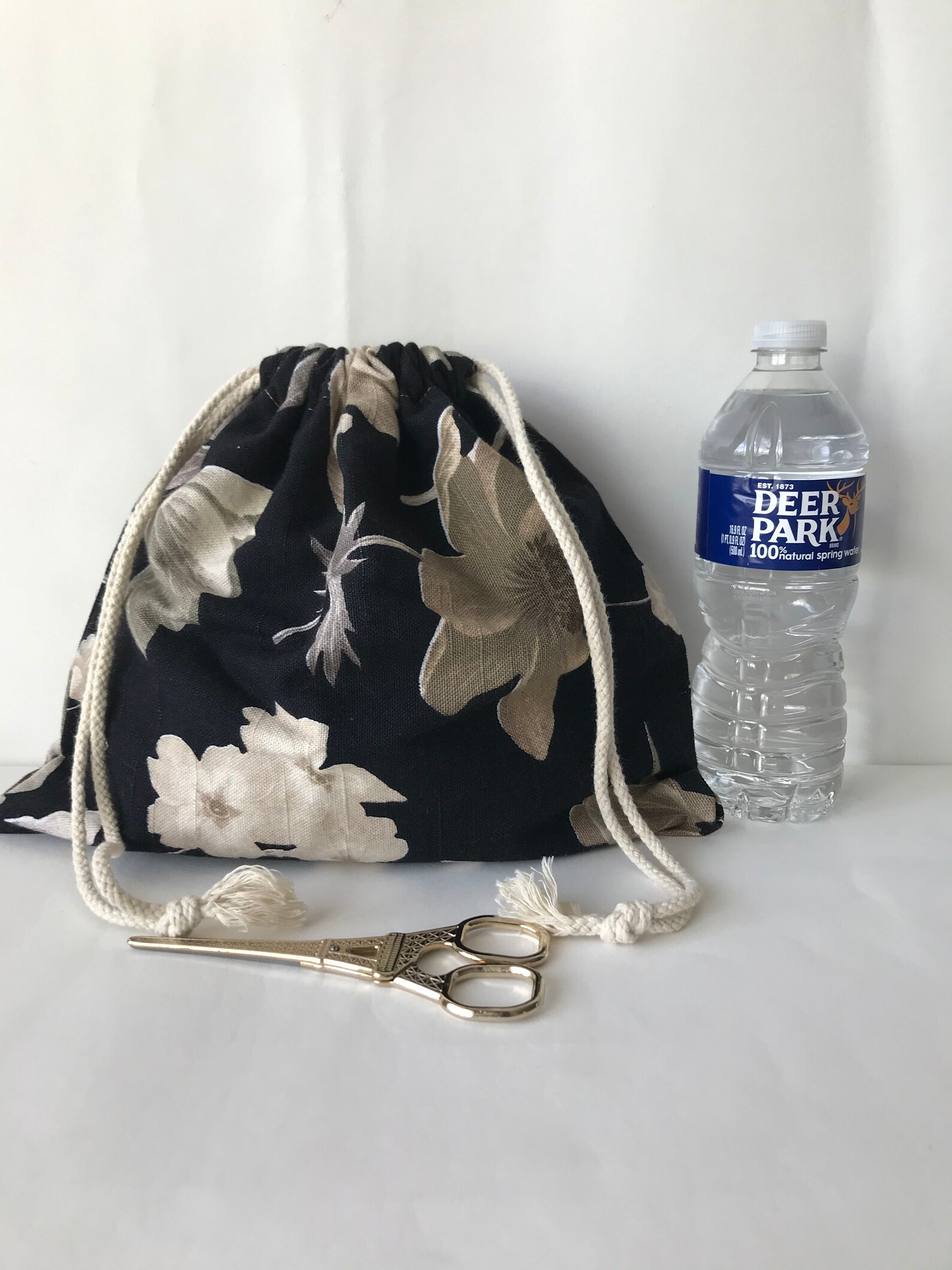 Large flower drawstring bag 10x12/ clothes travel bag/ black Etsy