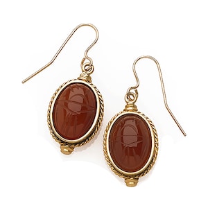 Scarab Engraved Carnelian Earrings. Proudly handmade in USA! Come with a pretty gift box. We also offer same design with engraved Lapis.