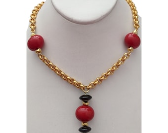 16" Chain necklace with Coral-Shell/Onyx. A gift for a special woman! Handcrafted in USA!