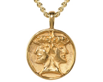 Janus double-headed pendant on 18" chain. Comes with a suade-like gift pouch. Handcrafted in USA! We also offer same in silver plate finish.