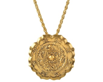 Gold plate LARGE pendant of the four Chinese symbols: Dragon, Tiger, Bird & Warrior. Inspired by 18th-c Tang Mirror. USA made. Gift pouch.