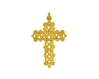 May include: A gold-colored cross pendant with a detailed, intricate lattice design.