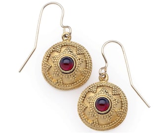Greek Granular Garnet earrings with gold-filled ear-wires. Come in a Gift Box. Made in USA!