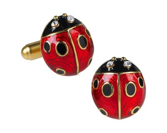 Our Ladybug red enameled cufflinks with crystals, come with a beautiful gift box. Designed and handcrafted in USA! We offer same in yellow.